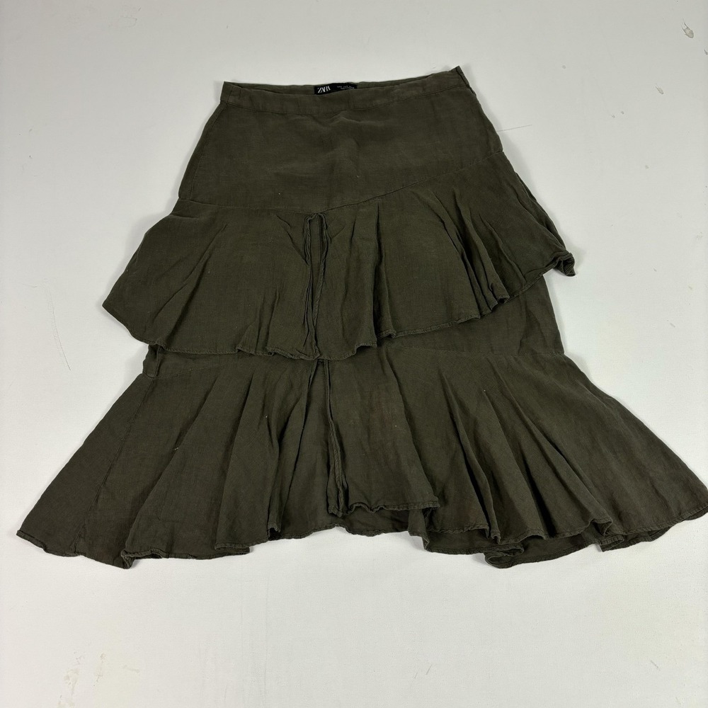 Zara Skirt Womens Small Green Linen‎ Tiered Ruffle Peasant Midi Lightweight Boho